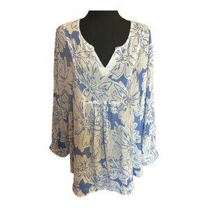 Alex & Parker Women Blue White Floral V-Neck Tunic Top Size 1XL